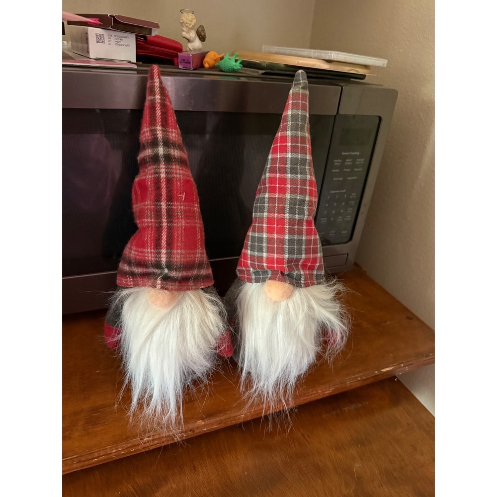 Christmas Gnomes Set of 2 Red Grey Plaid Holiday Decor Plush Figurines Nordic
